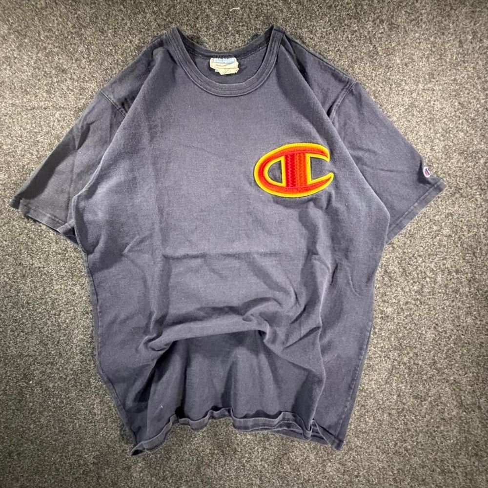 Champion Vintage Big C Embroidered Patch Navy Blue T-Shirt Mens Large GT19 NYC